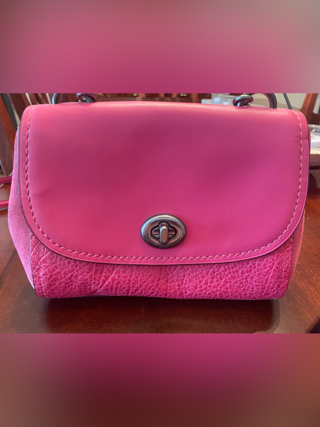 Coach Magenta Leather And Suede Convertible Shoulder/Crossbody Bag With Turnlock
